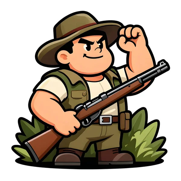 Tüfekli iri yarı bir avcı. Avcı kıyafetleri giymişti. Çizgi film maskotu, illüstrasyon, temiz çizgiler, düz tasarım, modern, yüksek kalite.
