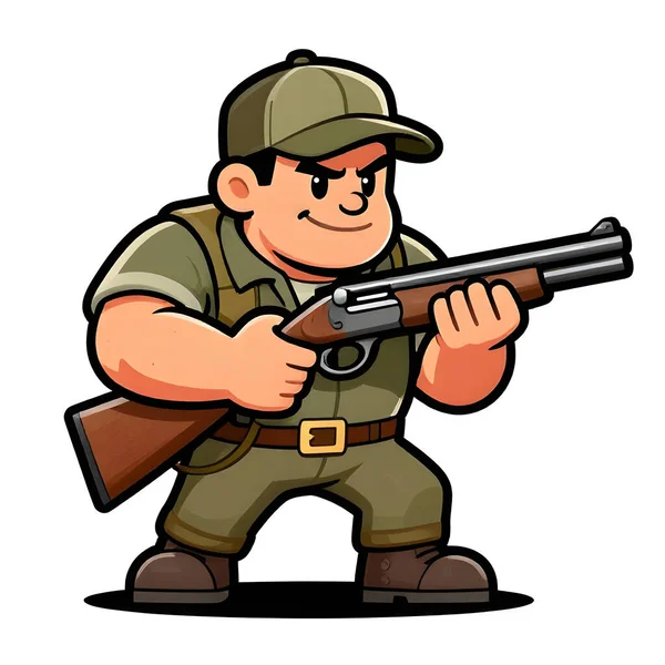 Tüfekli iri yarı bir avcı. Avcı kıyafetleri giymişti. Çizgi film maskotu, illüstrasyon, temiz çizgiler, düz tasarım, modern, yüksek kalite.