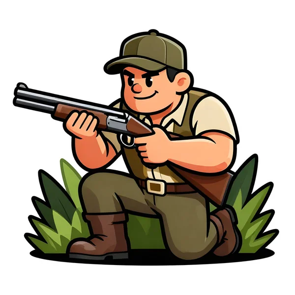 Tüfekli iri yarı bir avcı. Avcı kıyafetleri giymişti. Çizgi film maskotu, illüstrasyon, temiz çizgiler, düz tasarım, modern, yüksek kalite.