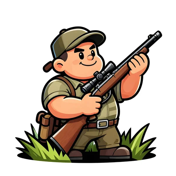 Tüfekli iri yarı bir avcı. Avcı kıyafetleri giymişti. Çizgi film maskotu, illüstrasyon, temiz çizgiler, düz tasarım, modern, yüksek kalite.