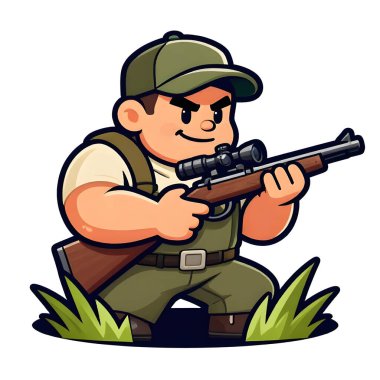 Tüfekli iri yarı bir avcı. Avcı kıyafetleri giymişti. Çizgi film maskotu, illüstrasyon, temiz çizgiler, düz tasarım, modern, yüksek kalite.