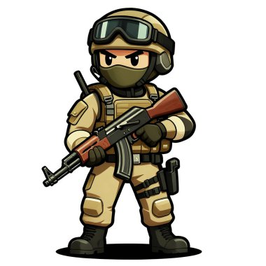 Tam teçhizatlı, savaş silahı olan güçlü bir özel kuvvet askeri. Çizgi film maskotu, illüstrasyon, temiz çizgiler, düz tasarım, modern, yüksek kalite resim.