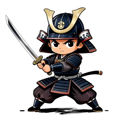 SAMURAI genç dövüşçü, grafik stili, geleneksel renkli elbise, dövüş pozu. Yüksek kaliteli resim