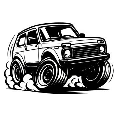 Karikatür Araba Yapay Zeka. Araba açıkça tanınabilir, ama çarpıtılmış oranlarda. Yüksek kalite.