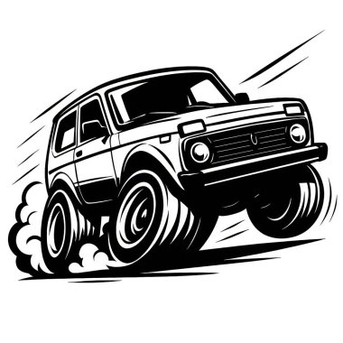 Caricature car Niva Illustration. The car is clearly recognizable, but with distorted proportions. High quality.