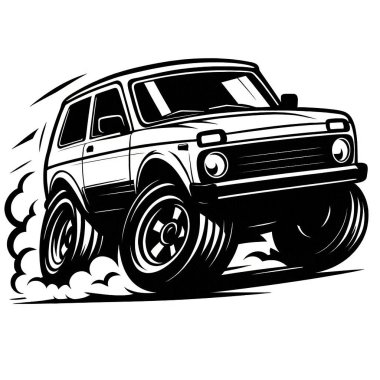 Karikatür Araba Yapay Zeka. Araba açıkça tanınabilir, ama çarpıtılmış oranlarda. Yüksek kalite.