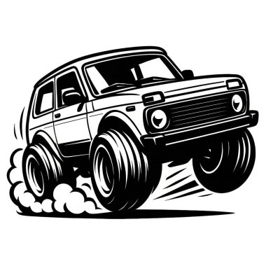 Karikatür Araba Yapay Zeka. Araba açıkça tanınabilir, ama çarpıtılmış oranlarda. Yüksek kalite.