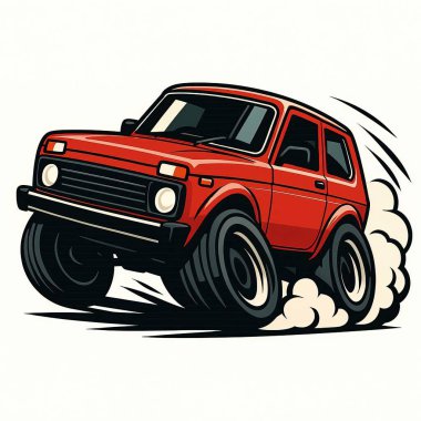 Karikatür Araba Yapay Zeka. Araba açıkça tanınabilir, ama çarpıtılmış oranlarda. Yüksek kalite.