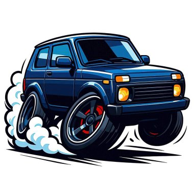 Karikatür Araba Yapay Zeka. Araba açıkça tanınabilir, ama çarpıtılmış oranlarda. Yüksek kalite.