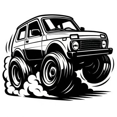 Karikatür araba illüstrasyonu. Araba açıkça tanınabilir, ama çarpıtılmış oranlarda. Yüksek kalite.