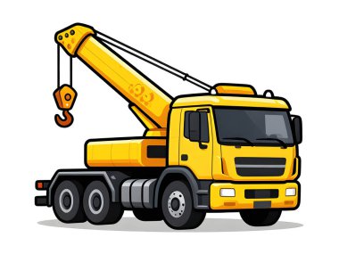 Çizgi film seyyar vinci yolda. Tekerlekli güçlü bir vinç. İnşaat alanları ve kartvizitler için.