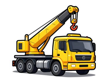 Çizgi film seyyar vinci yolda. Tekerlekli güçlü bir vinç. İnşaat alanları ve kartvizitler için.