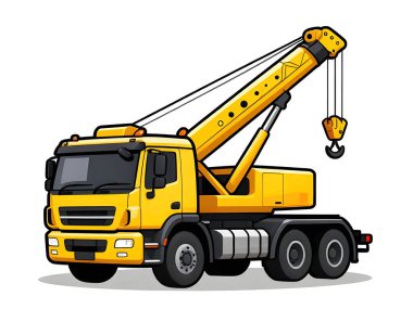 Çizgi film seyyar vinci yolda. Tekerlekli güçlü bir vinç. İnşaat alanları ve kartvizitler için.