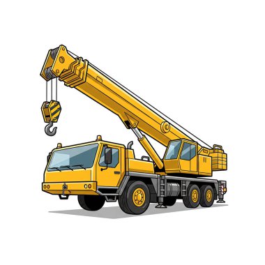 Çizgi film seyyar vinci yolda. Tekerlekli güçlü bir vinç. İnşaat alanları ve kartvizitler için.