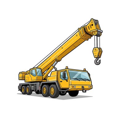 Çizgi film seyyar vinci yolda. Tekerlekli güçlü bir vinç. İnşaat alanları ve kartvizitler için.