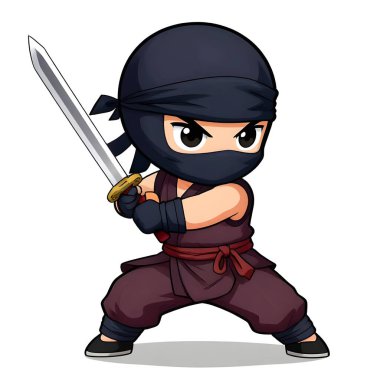 Ninja genç savaşçı maskotu, grafik stil, geleneksel renk elbise, dövüş pozu. Yüksek kaliteli resim