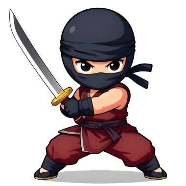 Ninja genç savaşçı maskotu, grafik stil, geleneksel renk elbise, dövüş pozu. Yüksek kaliteli resim