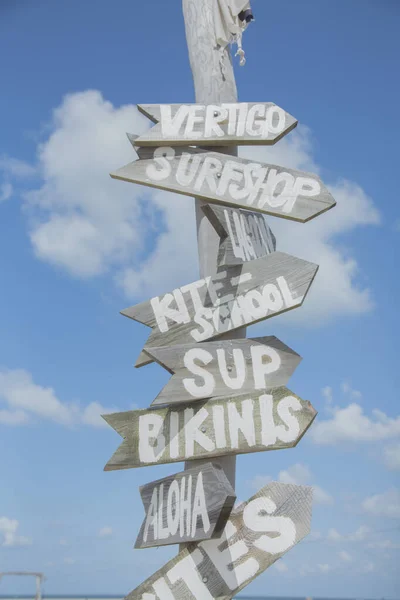 Funny Wooden Beach Signs And Blue Sky — Stock Photo, Image