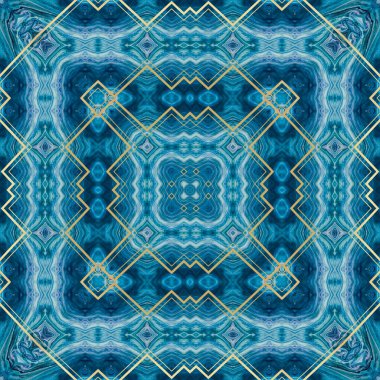 Seamless repeating pattern tile with an elegant decorative blue gold design, perfect for textile design, gift wrapping paper, scrapbooking, home decor or stationary