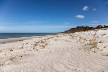 Almanya 'nın kuzeydoğusunda güneşli bir bahar gününde Mecklenburg-Vorpommern' in Baltık Denizi kıyılarında çekilmiş plaj manzarası
