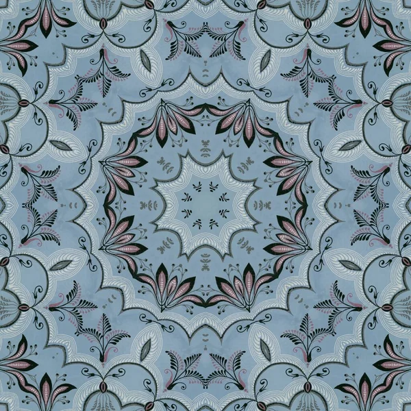 装饰性浅蓝色无缝重复花纹瓷砖 适用于纺织品设计 废纸或礼品包装纸 — 图库照片
