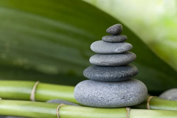 Pietra di ghiaia bilanciata Cairn attraverso il verde — Foto Stock