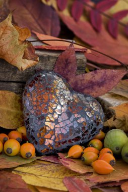 Colofrul yaprakları ile sonbahar sakin bir hayat zarif cam kalp, gül kalça ve arcorn, mükemmel bir tebrik kartı, hediye paketi veya takvim imajı için