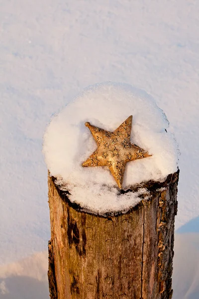 Ornement d'étoile de Noël doré dans la neige — Photo