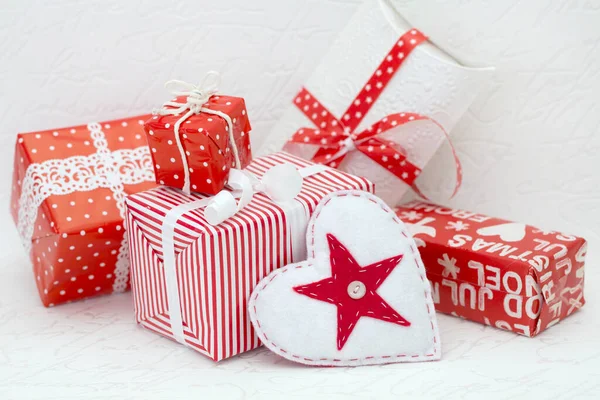 Christmas Still Life Gift Boxes Heart Red White Perfect Greeting — Stock Photo, Image