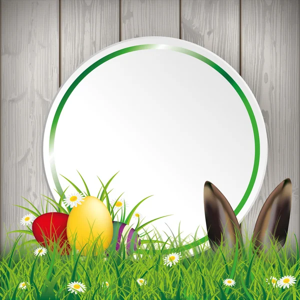 Colored Easter Eggs Grass Circle Banner Hare — Stock Vector