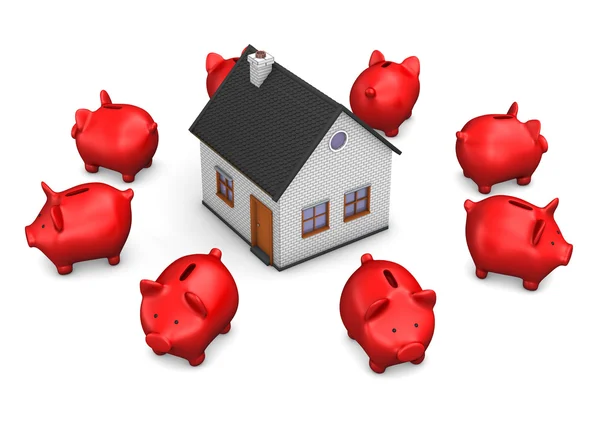 Huis rode Piggy Banks — Stockfoto