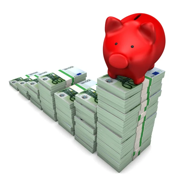 红色小猪银行欧元纸币 — 图库照片