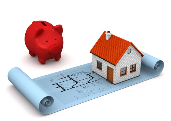 Architectural Drawing House Piggy Bank — Stock Photo, Image