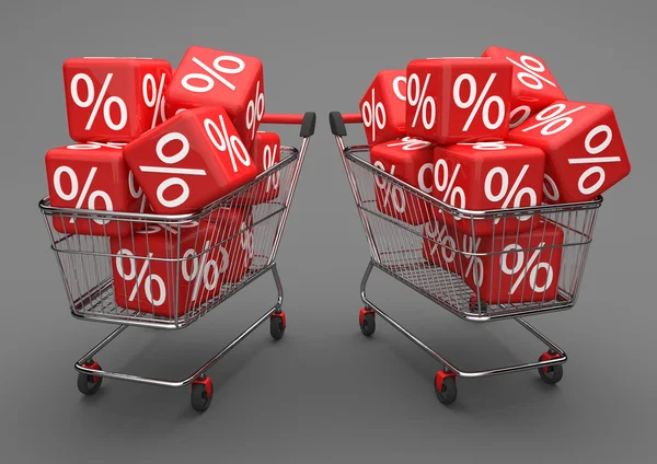 2 Shopping Carts Red Percent Cubes — Stock Photo, Image
