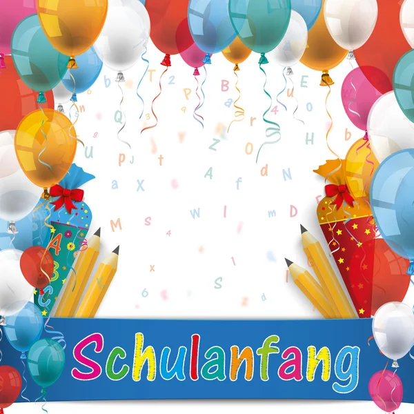 Luftballons Schulanfang Bonbontüten Bleistifte Buchstaben — Stockvektor