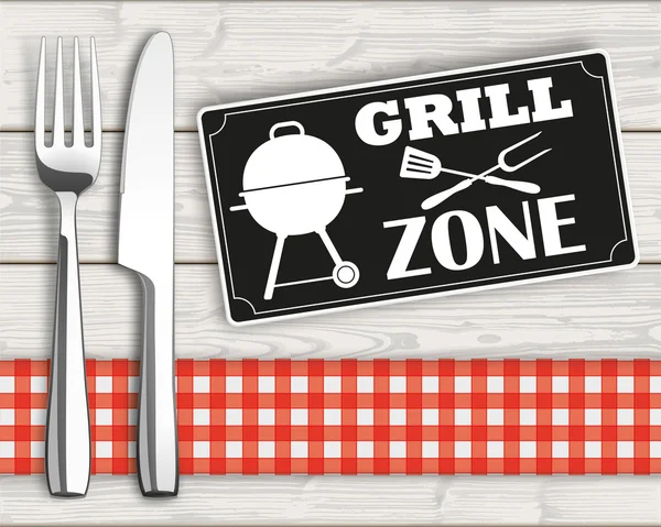 Wood Checked Cloth Knife Fork Sign Grill Zone — Stock Vector