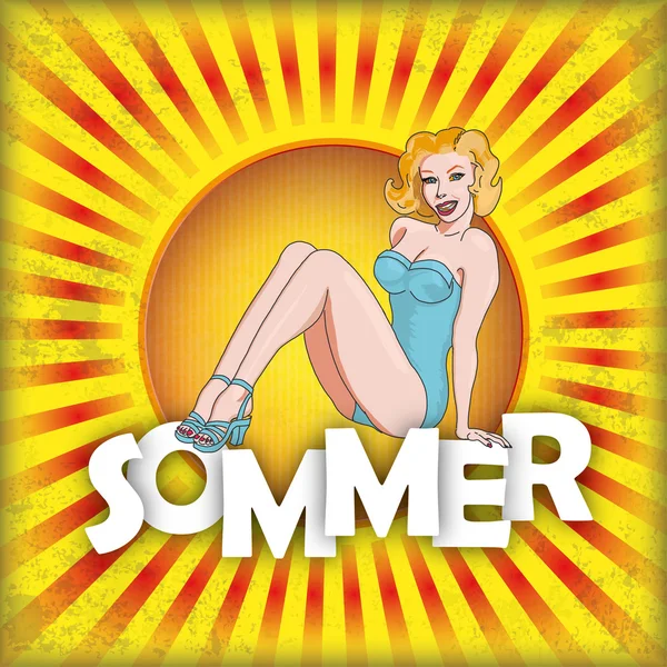 Retro Sun Sommer Fest Pinup Girl — Stock Vector