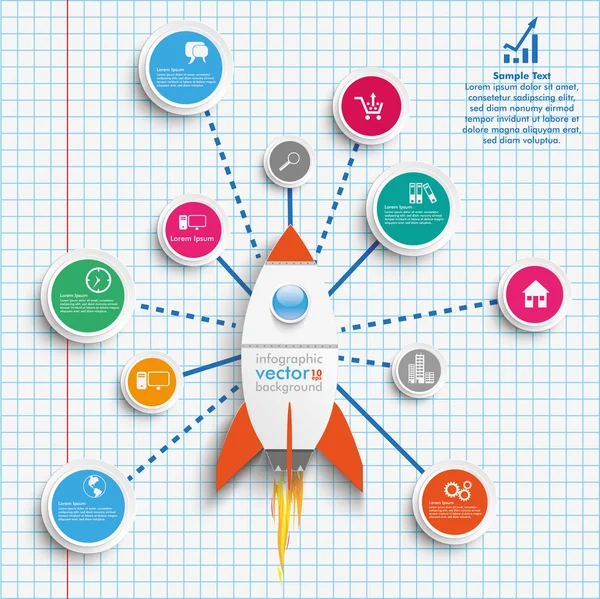 Rakéta körök hálózati Infographic kockás papír — Stock Vector