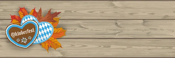 Oktoberfest κεφαλίδα καρδιές φύλλωμα ξύλινες σανίδες — Διανυσματικό Αρχείο