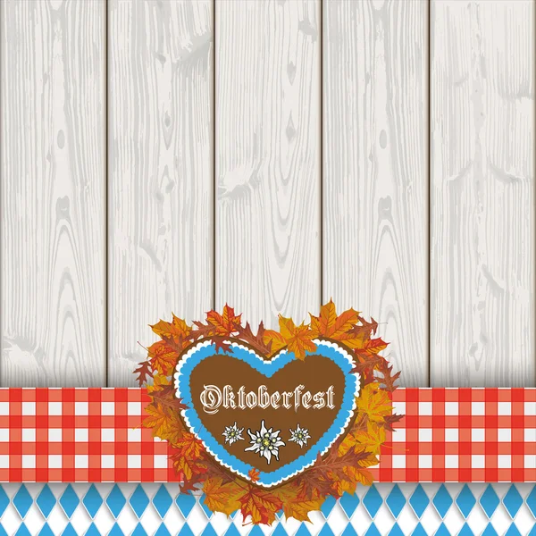 Oktoberfest Pan de jengibre corazón follaje tela tablones de madera — Vector de stock