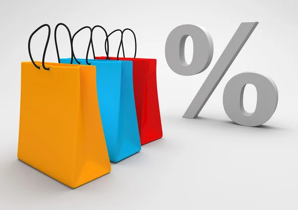 Three colorful shopping bags with percent — Stock Photo, Image