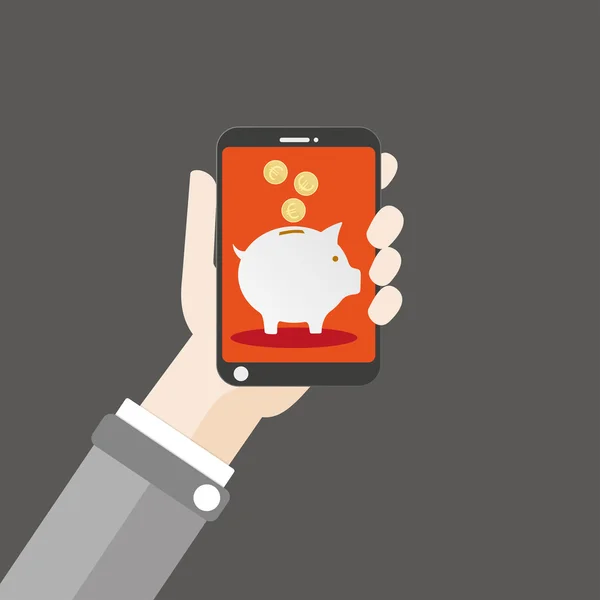 Menselijke hand, een smartphone en de piggy bank — Stockvector