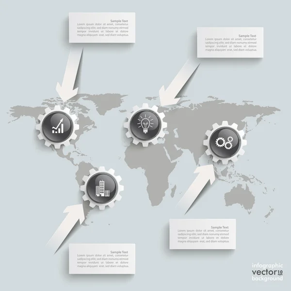 Infográfico Mapa Mundial Engrenagens Botões pretos — Vetor de Stock