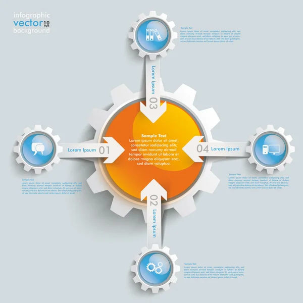 종이 4 화살표, 기어 및 주황색 버튼 — 스톡 벡터