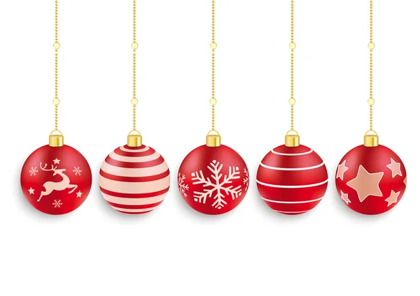 5 rode kerstballen witte achtergrond — Stockvector