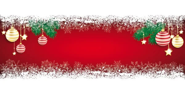 Długie czerwone bombki christmas card płatki śniegu — Wektor stockowy