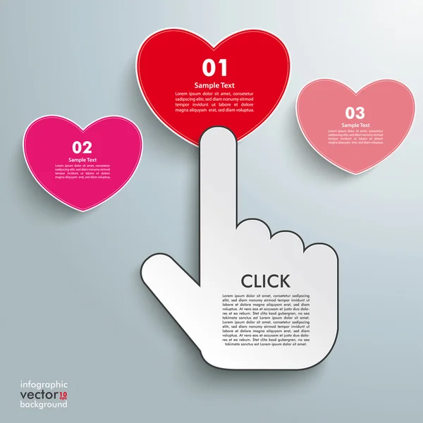 Mouse Cursor Click Hand 3 Hearts — Stock Vector