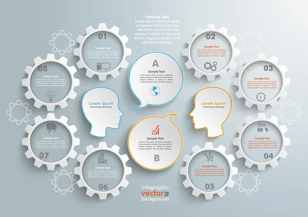 8 Engrenagens 2 Cabeças Infográfico de Fala — Vetor de Stock