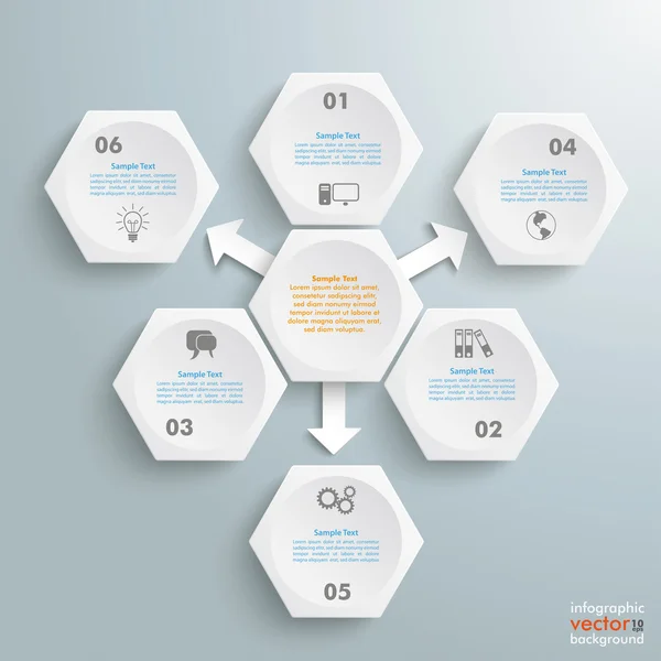 6 esagoni bianchi 3 frecce infografiche — Vettoriale Stock