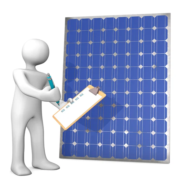 Cartoon character with clipboard and solar panel — Stock Photo, Image